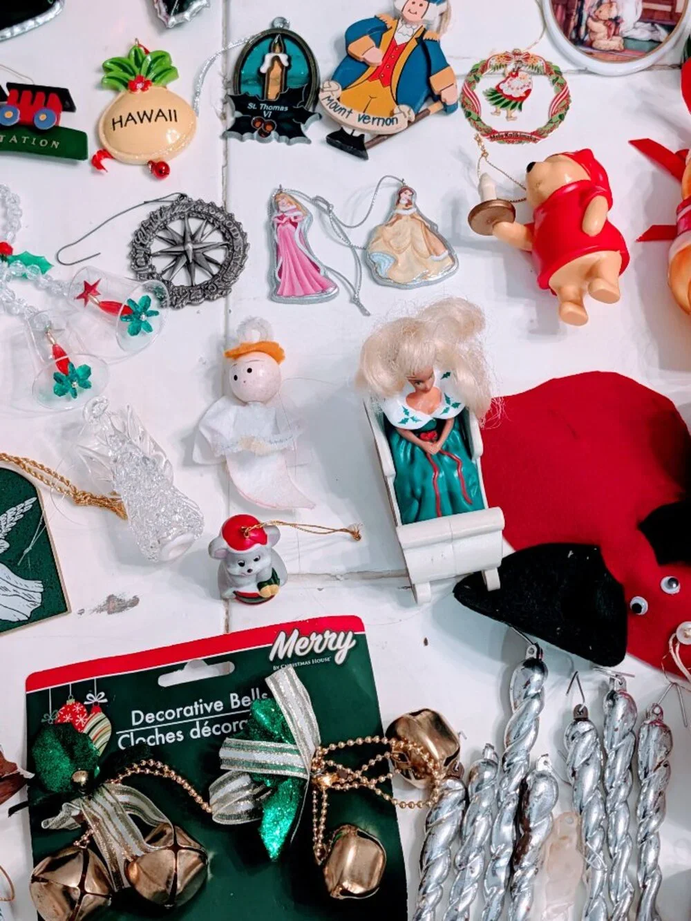 Lot of 68 VTG Christmas Ornaments 80s 90s Santa Disney Pooh Barbie Angels Retro
